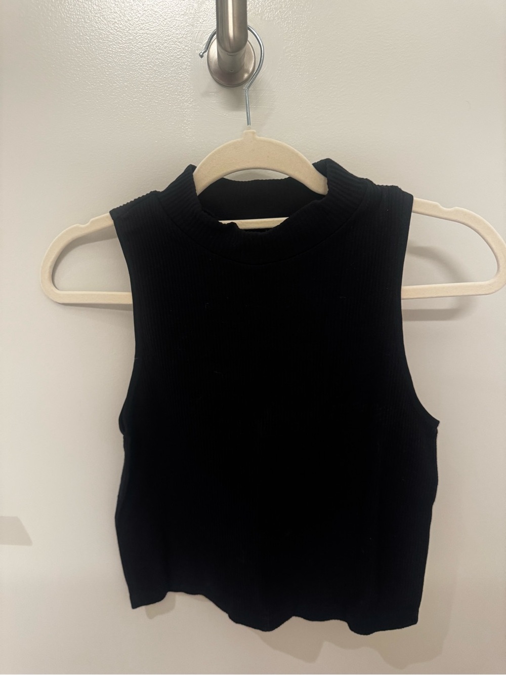 Sleeveless Black Ribbed Crop Top with Mock Neck